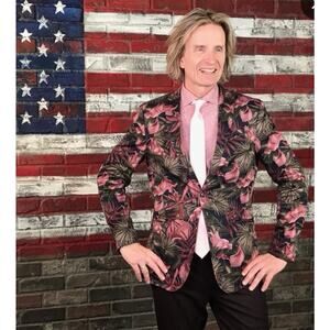 J.Ferrar sports blazer Hawaiian floral pink blue size 36 R slim